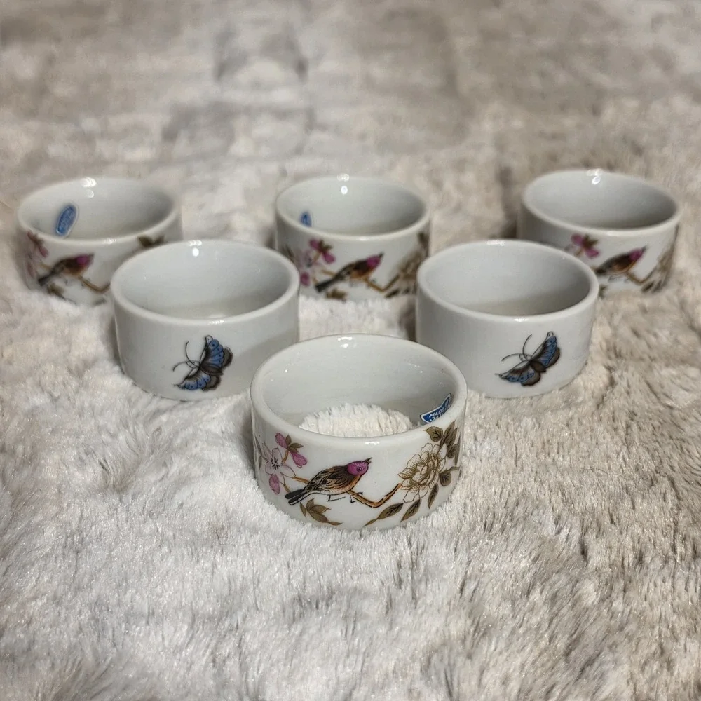 6 Vintage Shafford Chinese Garden Porcelain Napkin Rings Japan Hand-Painted Bird